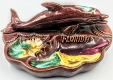 Ceramic Ashtray Glazed Colorful Redware Dolphin Porpoise Mammal Florida MCM