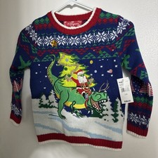 33 Degrees Kids Ugly Christmas Sweater Santa Riding A Dinosaur , NWT.