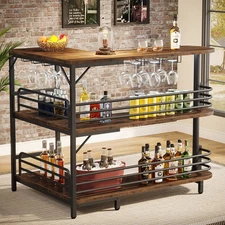 3-Tier L Shaped Home Pub Wine Bar Table with Glasses Holder and Storage Shelves