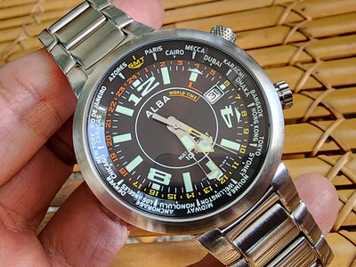 Seiko Alba GMT World Time quartz VX42-X067 Japan Black Dial Gents.