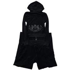 Juicy Couture Black Velour Tracksuit Set Zip Up Hoodie  Straight Pants Size L