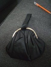 Vintage Black Satin Evening Clutch Bag with Gold-Tone Frame and Wrist Strap