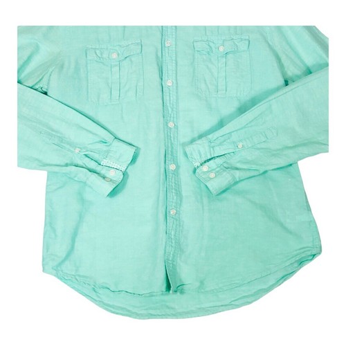 Express Shirt Men M Green Linen Blend Collared Button Down Long Sleeve Pockets - Picture 3 of 8