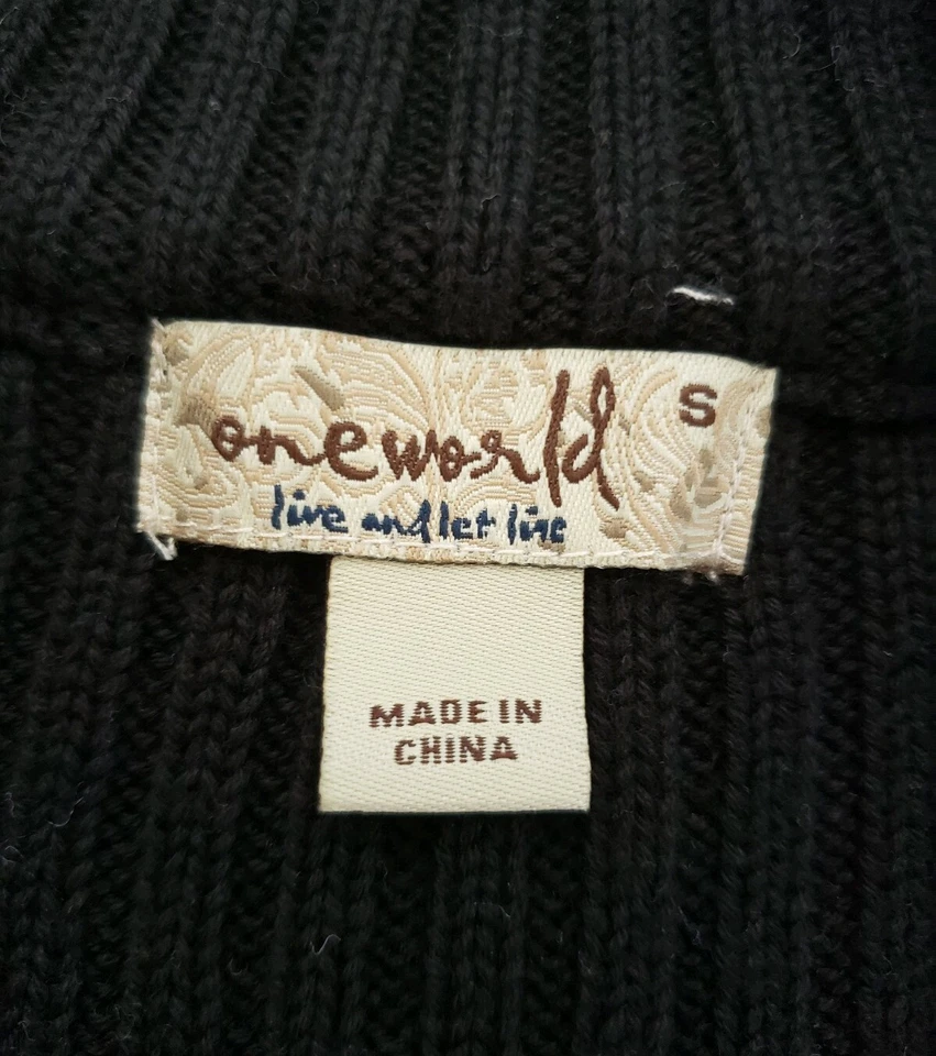 Cárdigan Suéter One World Negro Blanco Gráfico Negro Manga Cremallera Talla Pequeña Foto 4 de 4