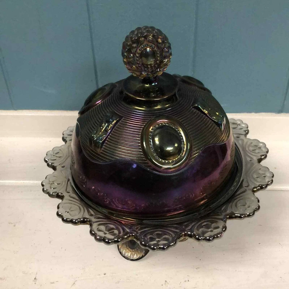 "Plato de mantequilla cubierto redondo Imperial Glass Ohio Dewey púrpura humo carnaval 7""" Foto 4 de 4