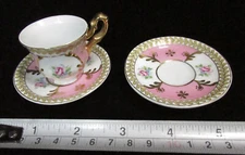 3 Piece NORITAKE A SEVRE Miniature TEA CUP with 2 SAUCERS Pink Gilt Roses Crown
