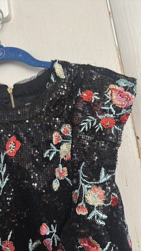 GB GIRLS BLACK SEQUIN SHORT SLEEVE DRESS EMBROIDERED FLOWERS EXPOSED ZIPPER 16 - Picture 4 of 8