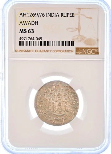 INDIA. Awadh. Rupee, AH 1269 Year 6 (1852). Lucknow Mint Wajid Ali Shah NGC MS63