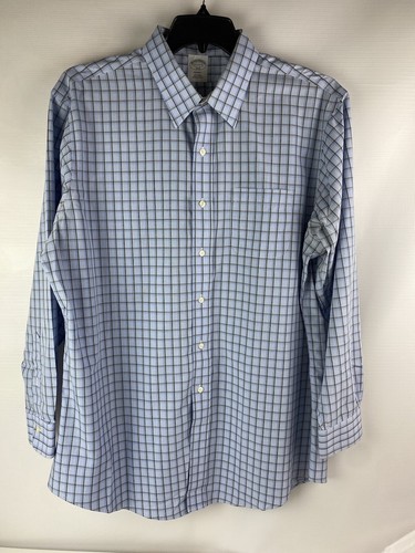 Brooks Brothers Regent Button Up Shirt Mens 17 1/2 Cotton Plaid, Non Iron Blue 5 - Picture 2 of 9