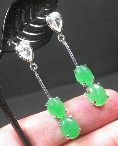 Genuine Green Jade Cabochon Cubic Zirconia Teardrop 18KGP Stud Dangle Earrings - Picture 6 of 9