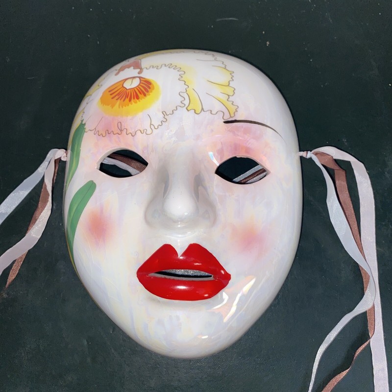Mask Mardi Gras Porcelain Ceramic Ribbons Wall Art Daffodil Flower VTG