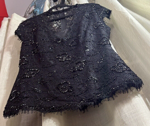 LIZ JORDAN BLOUSE WOMENS S BLACK LACE CAP SLEEVED V NECK SEQUIN evenning TOP - Picture 2 of 9