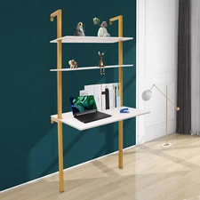 Wall Mount Writing Table 3-tier Computer Desk Storage Home Office w/ Power Strip