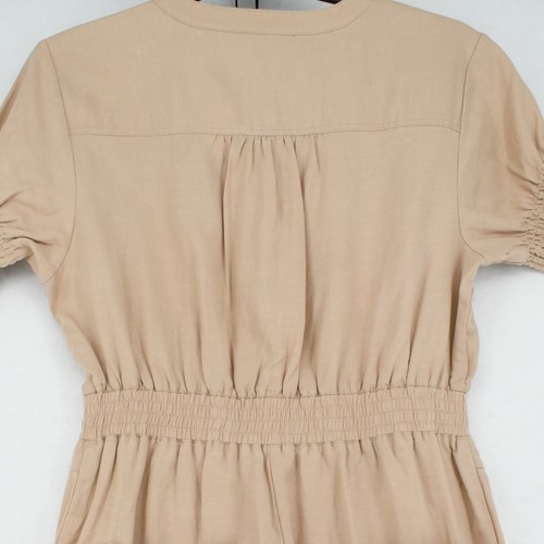 Joie Womens Tan Smocked Short Sleeves Round Neck Buttoned Crop Jumpsuit Large - Picture 5 of 11