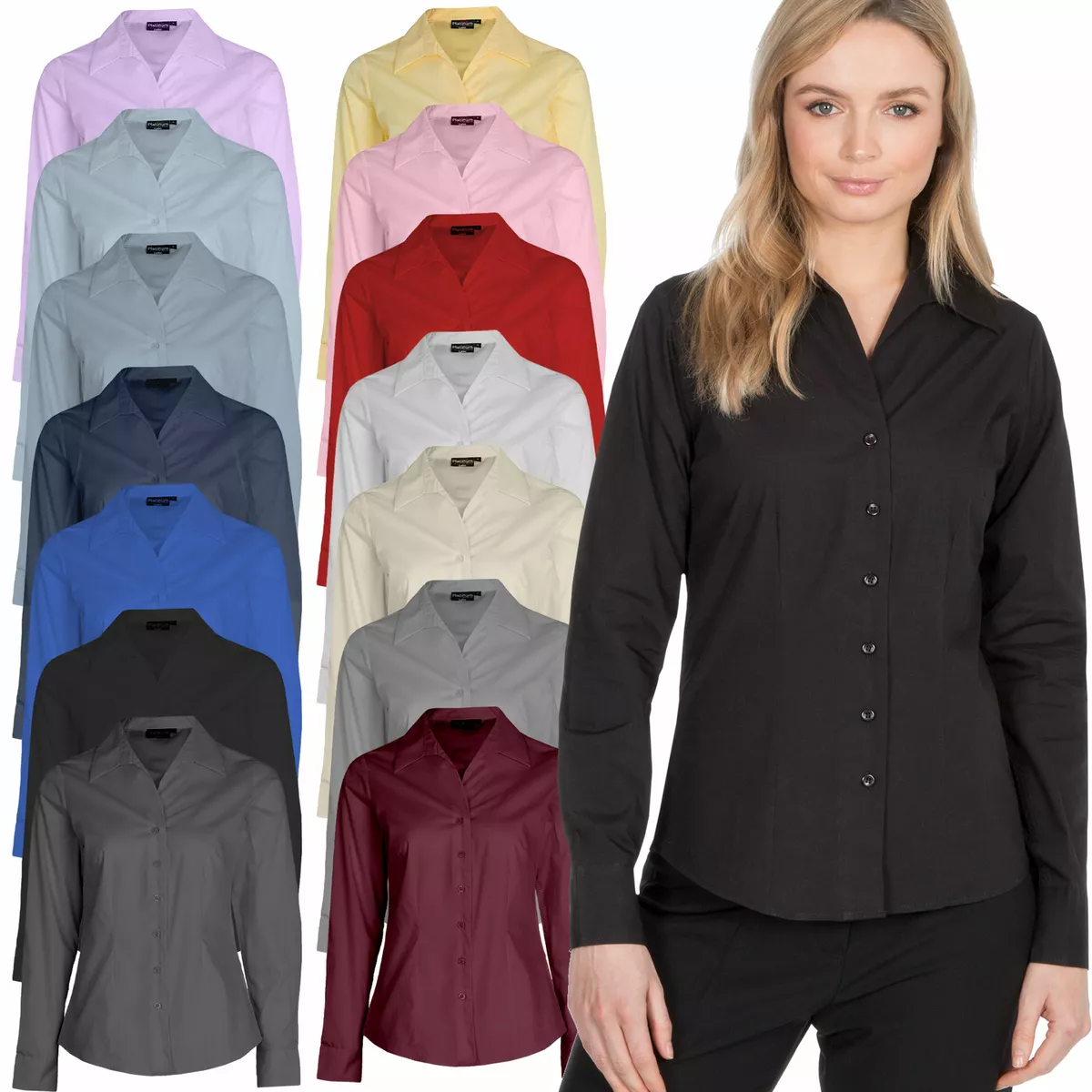 Ladies Womens Plain Long Sleeve Sleeve Work Shirt Collar Office Blouse 6-30