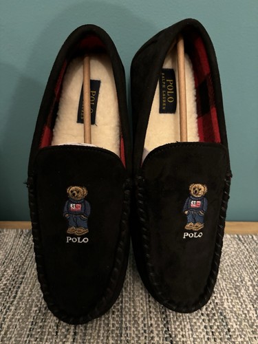 NIB Polo Ralph Lauren Men's Bear Suede Moccasin Slippers Black Red - Picture 2 of 10