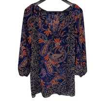 CHAPS Womens Tunic Blouse Top 3/4 Sleeve V Neck Paisley Blue Orange Size XL