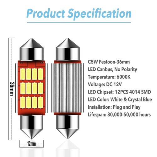 Auxito Blanco 6418 6411 36MM LED Placa Etiqueta Bombillas para BMW Audi Kia - Imagen 4 de 8