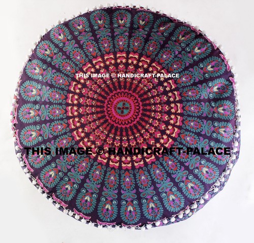 Indian Round Floor Pouf Ottoman Cover pouffe Foot Stool Mandala Pillow pouffes - Foto 3 di 4