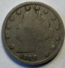 1908 LIBERTY Nickel United States of America 5 Cents V Cent Free Shipping