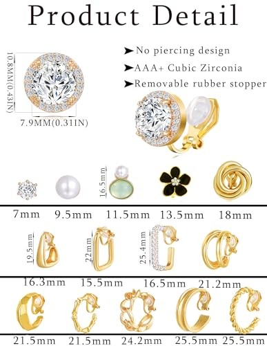 15 Pairs Clip on Earrings for Women Chunky Hoop Clip Earring Round CZ Twist - Picture 3 of 8