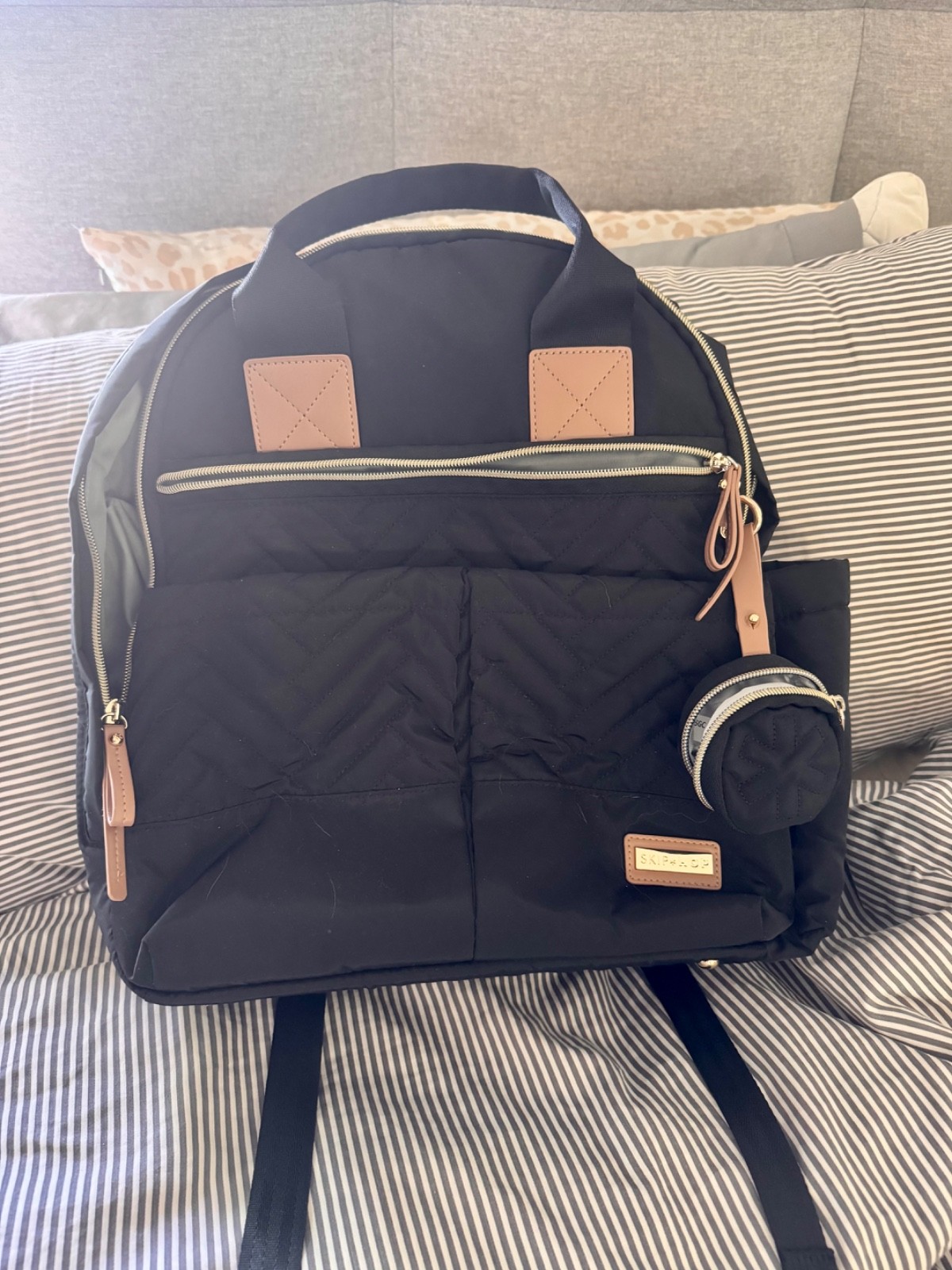 Skip Hop Black Backpack Diaper Bag Quilted Faux Leather Trim
