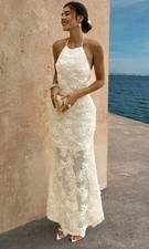 Women  Summer Embroidered Backless Dress Textured Floral Design Maxi White L