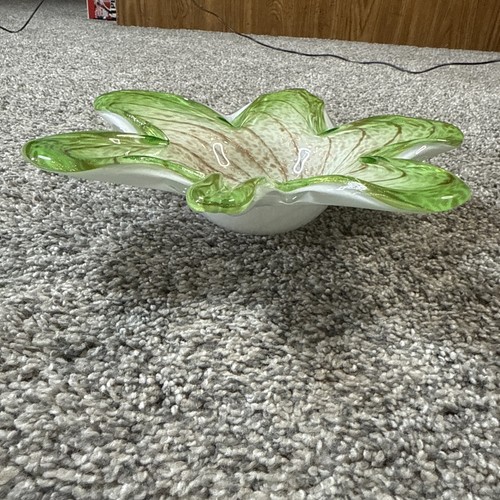 Fratelli Toso Green White Gold Swirl Leaf Glass Murano Bowl - Picture 5 of 8