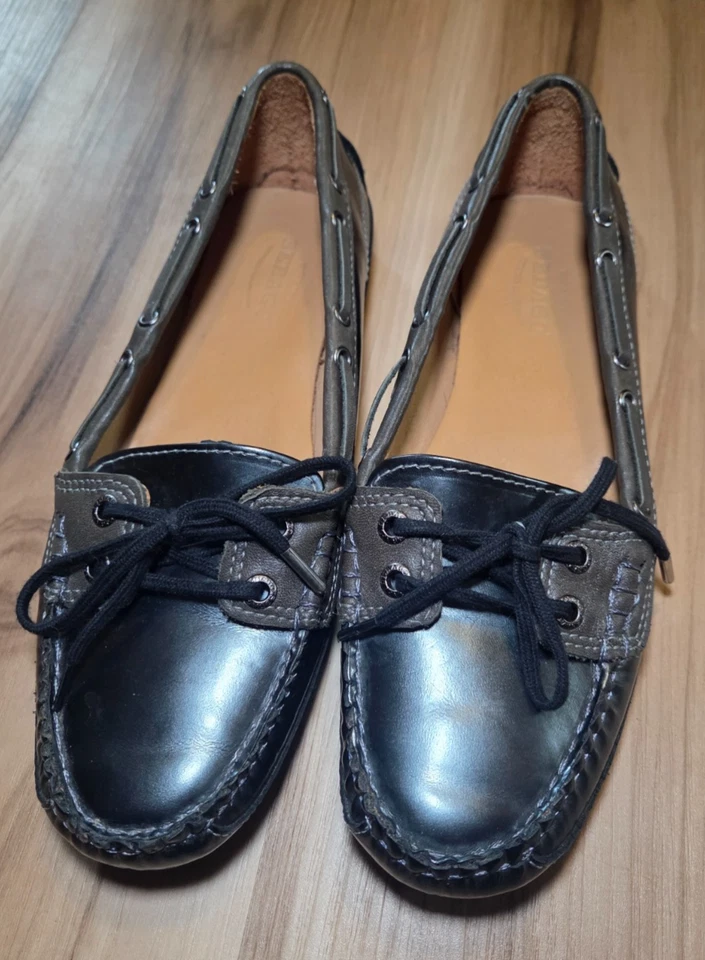 Sebago Black Patent Leather Driving Moc's ~ Gray Trim~ Loafer Women's 7.5 - Image 2 of 4