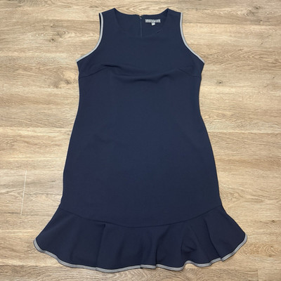 Sharagano Navy Shift Dress Sleeveless Piped Detail Round Neck Ruffle Hem 12
