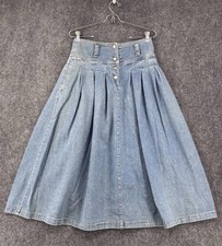 VTG Upper Class Denim Pleated Prairie Cottagecore Americana Midi Skirt Size 7/8