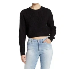 Elodie Black Ribbed Knit Cropped Pullover Sweater Size L Long Sleeve Casual