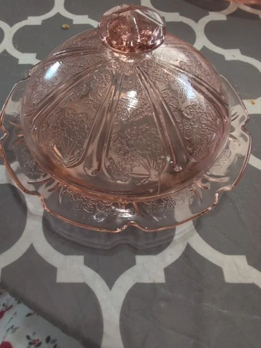 Vintage Jeannette Cherry Blossom Pink Depression Glass Butter Dish w/ Dome Lid