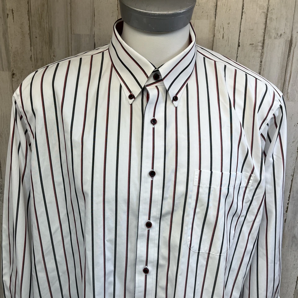 Paul Fredrick Shirt Mens Size 18x35 White Red Stripe Classic Fit Non-Iron Cotton - Image 4 of 4