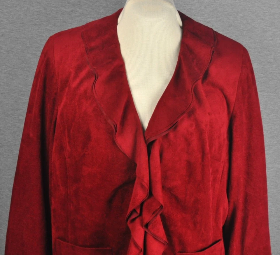 Rafael Womans Faux Suede Ruffle Blazer Size 1X Burgundy Padded Shoulders - Image 3 of 4