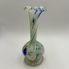 Handblown Confetti Art Glass Ruffle 10 White Blue Sea Foam Green Vase
