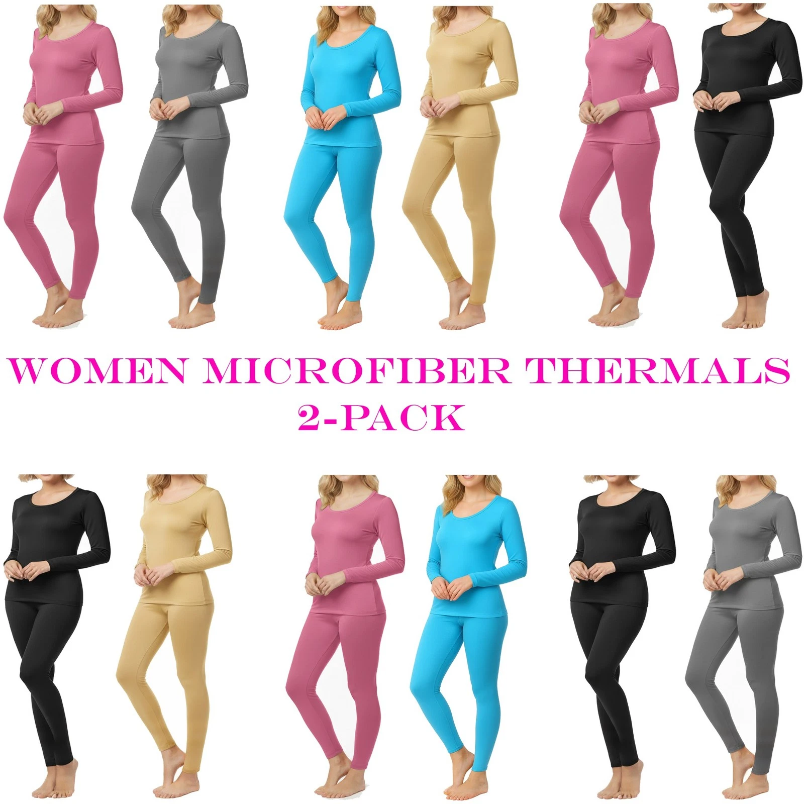 Women Microfiber Thermal Base Layer Set Top Bottom Long John Soft Fleece, 2-Pack