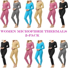 Women Microfiber Thermal Base Layer Set Top Bottom Long John Soft Fleece, 2-Pack