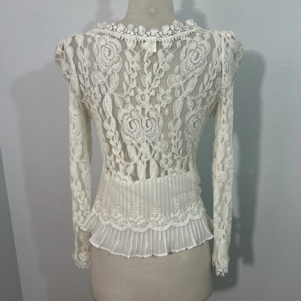 Vtg Lace Blouse Womens L White Sheer Gold Button Edwardia Victorian Romantic 90s - Image 4 of 4