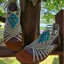 B. Makowsky Gleem White Leather Gladiator Style Sandal With Native Bead Accent