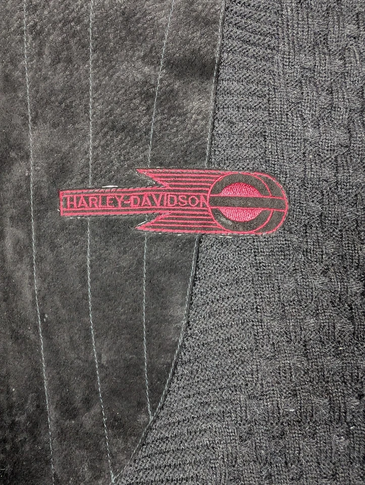 Винтажный мужской свитер Harley-Davidson XL черный трикотажная кожаная отделка круглый вырез 90-е - Изображение 4 из 4
