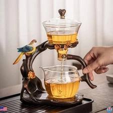 Kungfu Glass Tea Set 6-Piece Automatic Teapot with Bird Design, Clear Glass