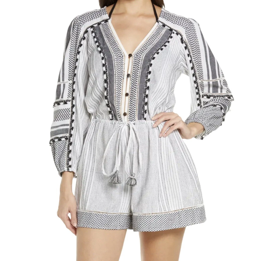 Veronica Beard NWT Bayleise Long Sleeve Cover-Up Romper Black White Size XS  | eBay