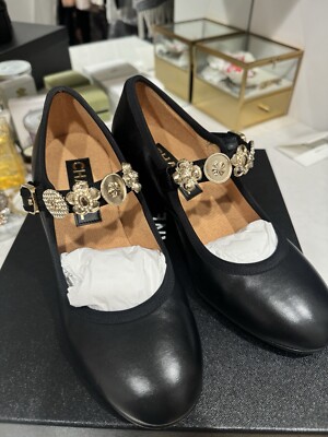Chanel 24A Metiers D'art Black Leather Mary Jane Heels with Gold