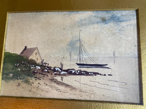 Antique "Coastal Landscape Scene" Watercolor Painting - Framed - Picture 9 of 14