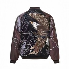 Men Sukajan Souvenir Jacket Reversible Japanese Pattern Embroidery Myth Bird Roc