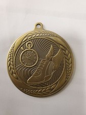 GOLD medal, 2.25" diam, ribbon-R, W  B, track, running, w/ engraving, 1st Place