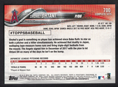 2018 Topps Complete Team Sets Retail Variation - # 700 Shohei Ohtani Rookie RC - Picture 2 of 2