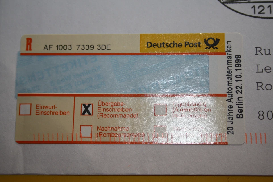 Sonder R-Zettel 20 Jahre Automatenmarke am 22.10.1999 Stempel Berlin Zent (5039) - Bild 4 von 4