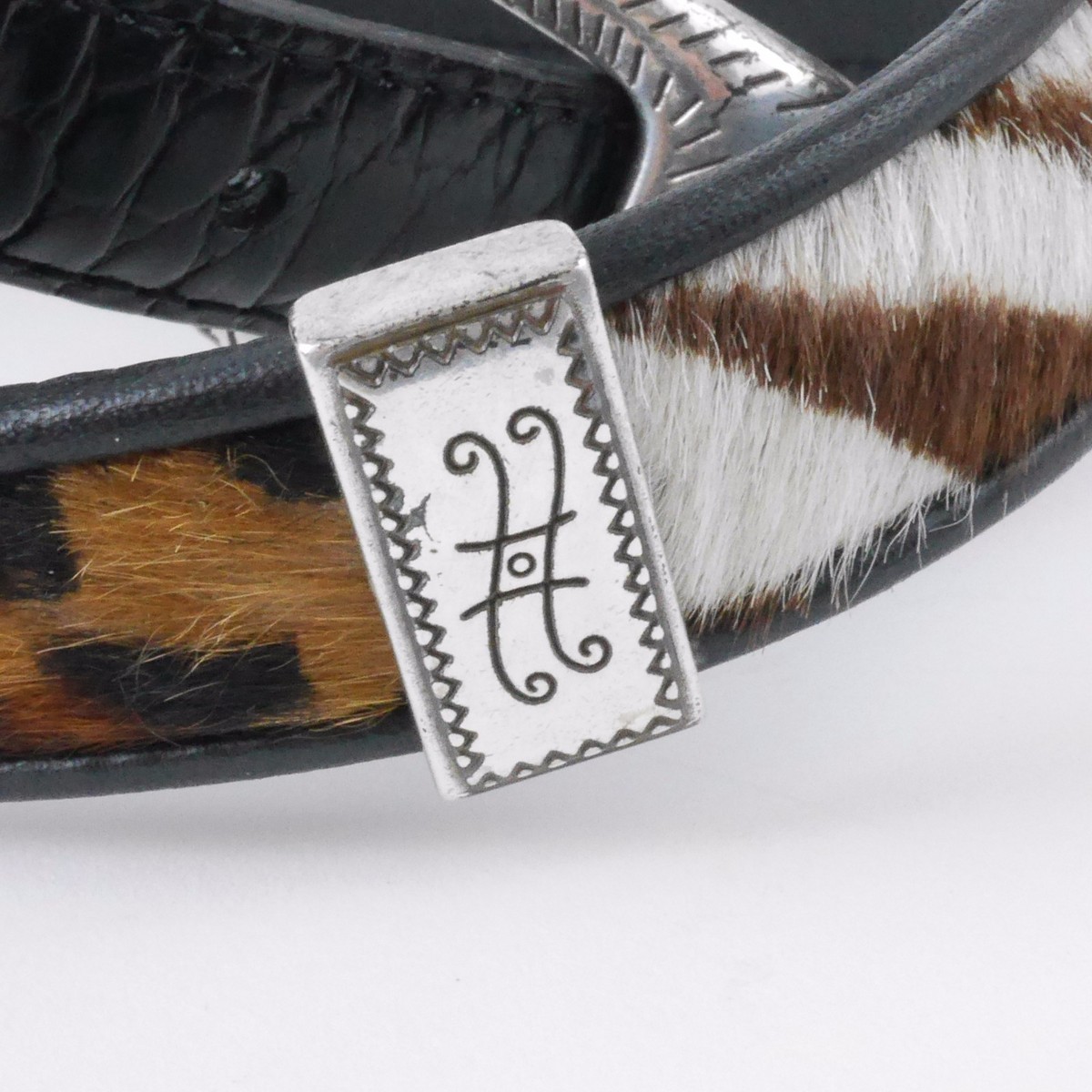BRIGHTON M 30 - Black Leather Belt W/ Animal Print & Silver 